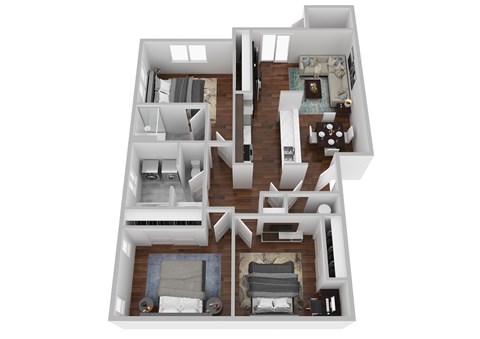A 3D floor plan of a house with multiple rooms.